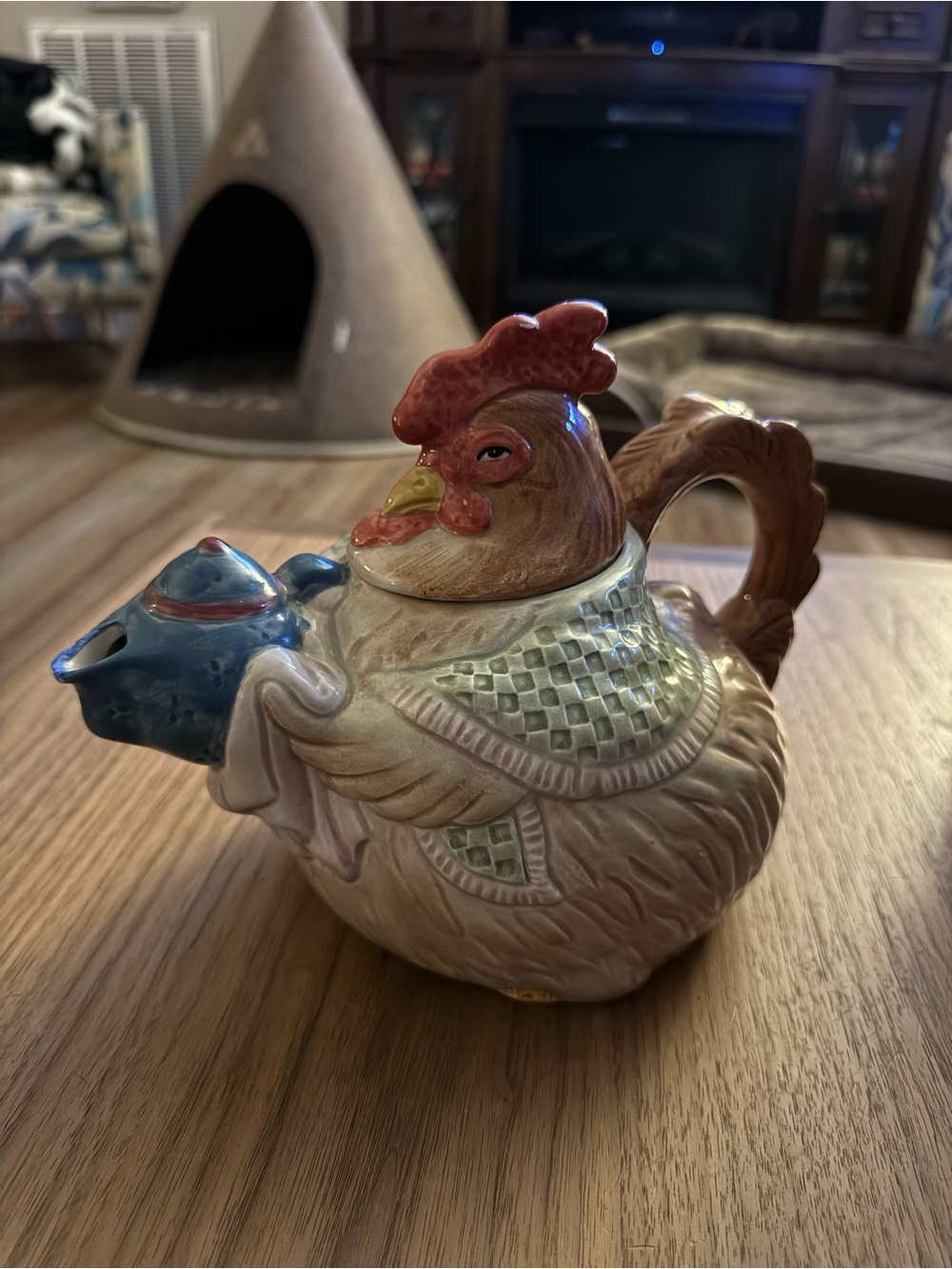 Fitz and Floyd Rooster Teapot in Red, Blue, Cream and Brown
